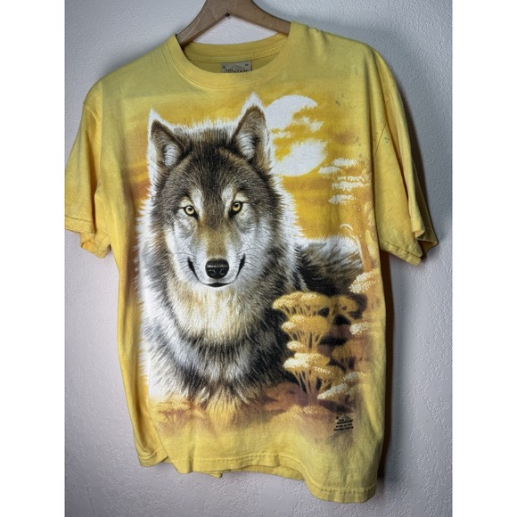 Vintage 2004 The Mountain Wolf Graphic T-Shirt Yellow Moon Nature‎ USA Men's M - Picture 2 of 7